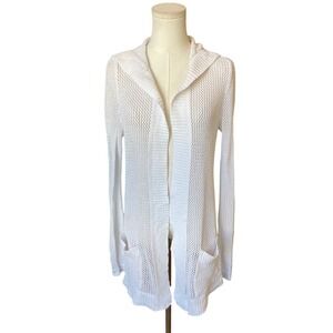 Talbots White Crochet Hooded Open Knit Cardigan Sweater Size M Coastal Pockets